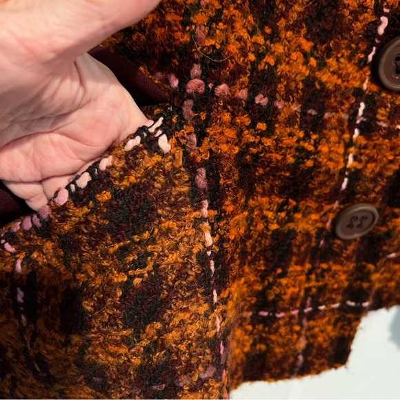 Chepe Italy Wool Cotton Blend Tweed Orange Burgundy Plaid Jacket Lined Size M - Picture 4 of 14